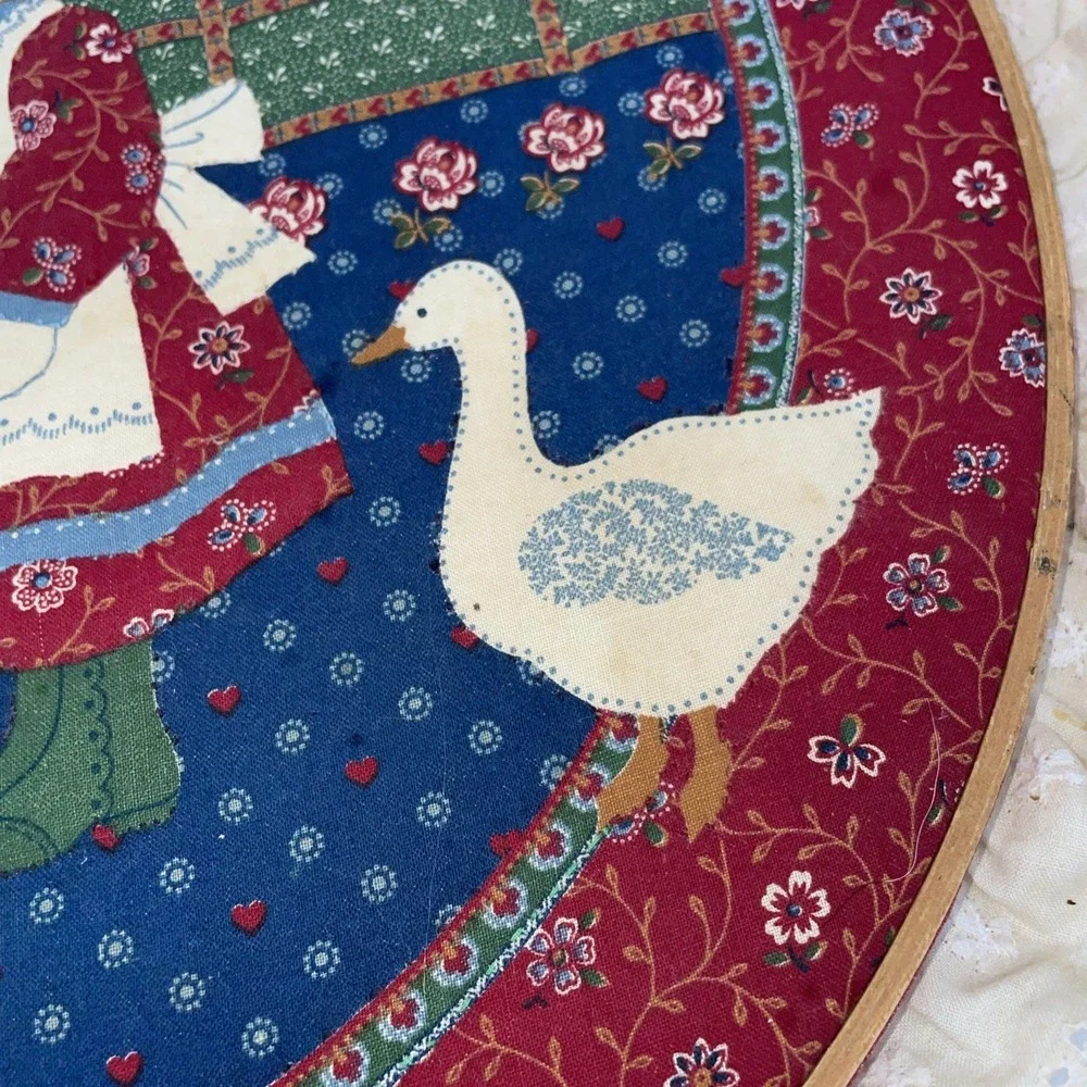 Vintage 1990s Round Country Farm Girl Wall Hanging Grannycore Lace Trim Framed